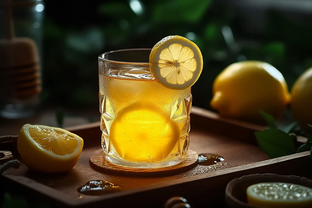 Natural mounjaro drink recipe in a glass with fresh ginger and lemon