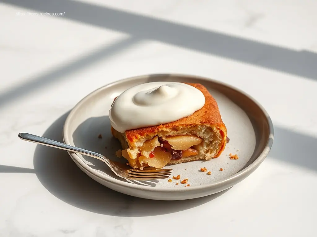 Warm Apple Cinnamon Roll Bake dessert on white marble