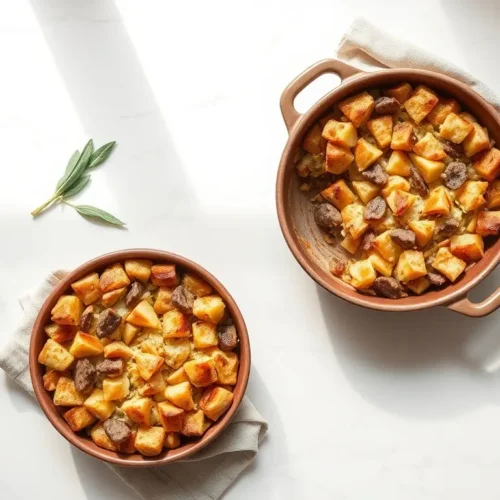 Delicious Apple and Sausage Stuffing Bake Thanksgiving side dish