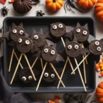 Delicious Bat Oreo Pops Halloween Snacks Marshmallows on a marble table