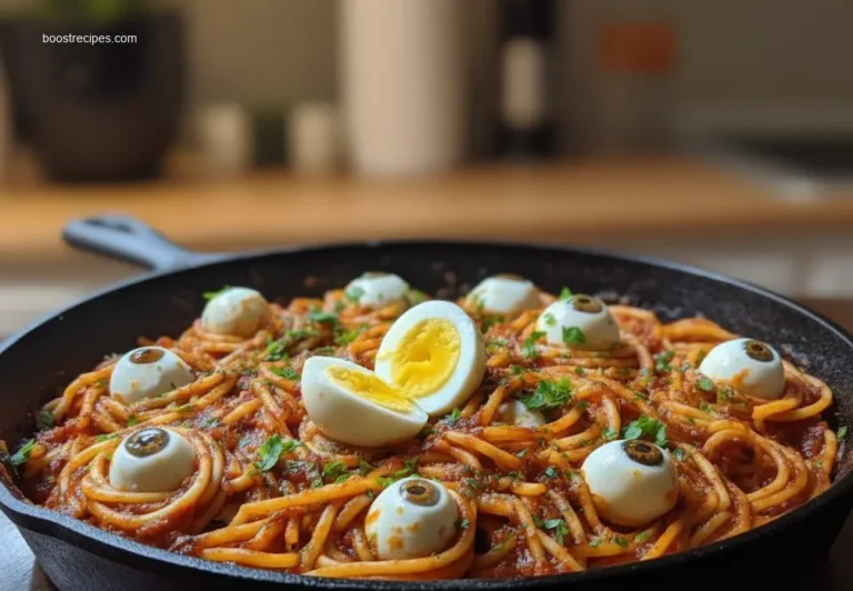 Fork lifting Bloody Spaghetti with a mozzarella eyeball
