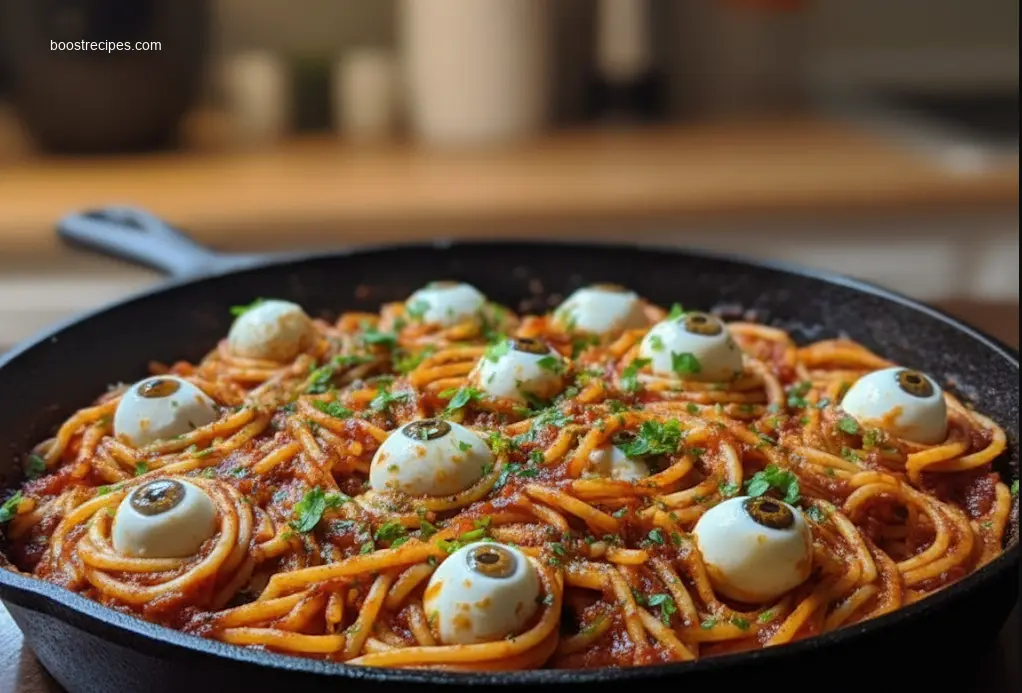 Bloody Spaghetti with Mozzarella Eyeballs for Halloween party