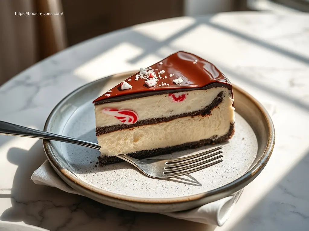 Delicious Candy Cane Cheesecake with Chocolate Ganache dessert