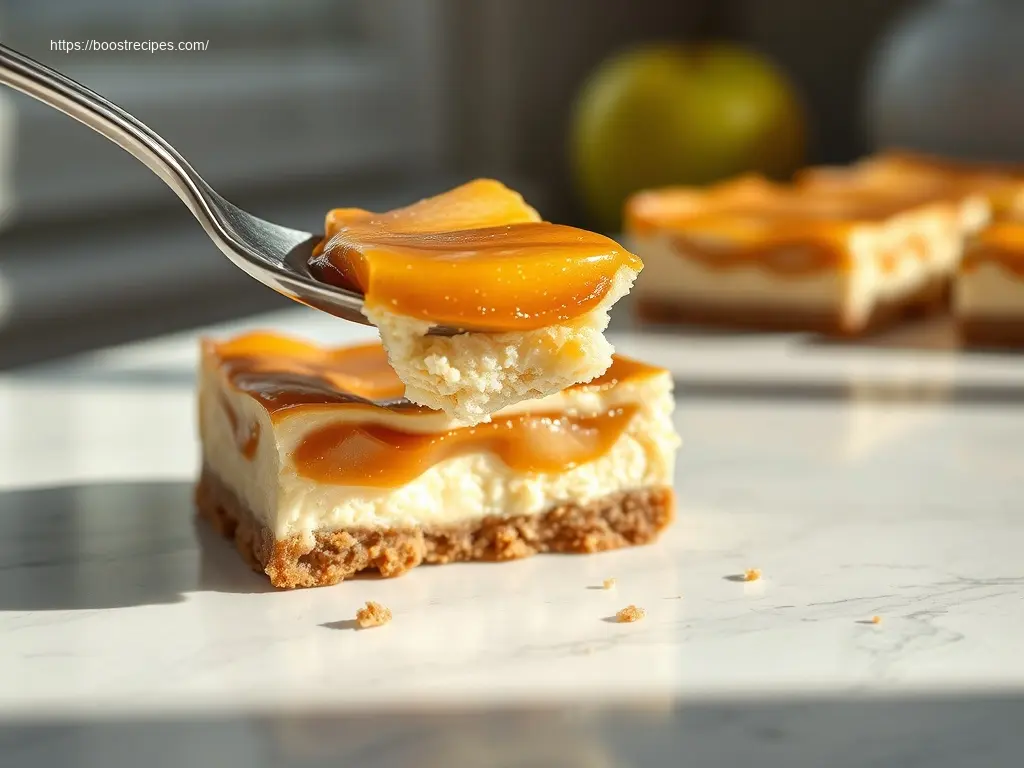 Delicious Caramel Apple Cheesecake Bars on a white platter