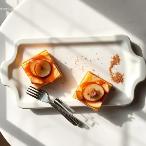 Delicious Caramel Apple Cheesecake Bars on a white platter