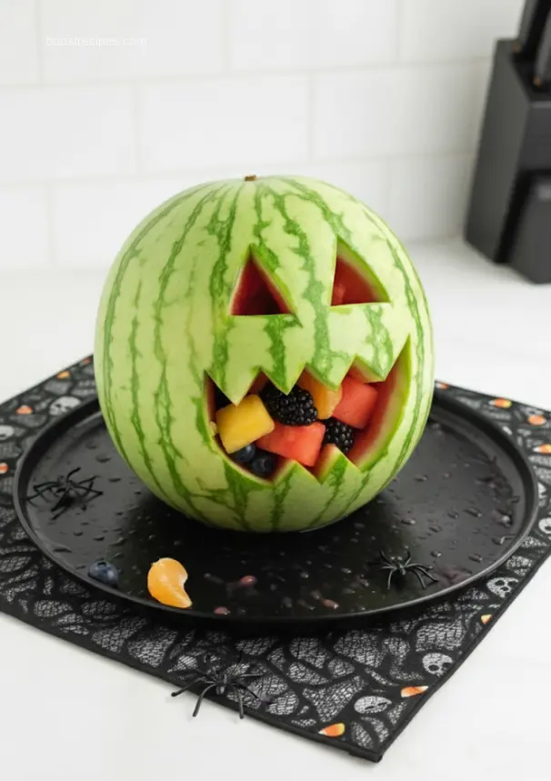 Close-up of Watermelon Monster fruit salad as healthy halloween appetizers
