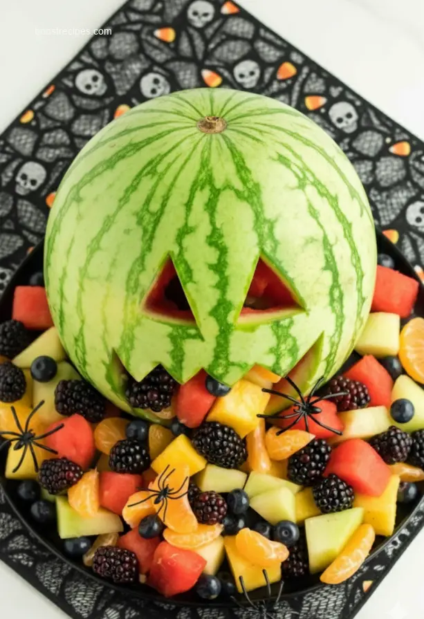 Carved Watermelon Halloween monster fruit bowl for healthy halloween appetizers