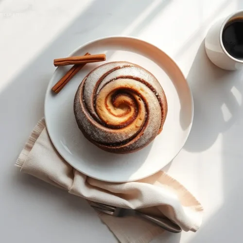 Cinnamon Swirl Coffee Cake with coffee and cinnamon sticks