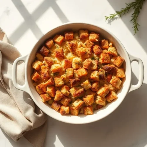 Classic Grandmas Thanksgiving Stuffing in a baking dish