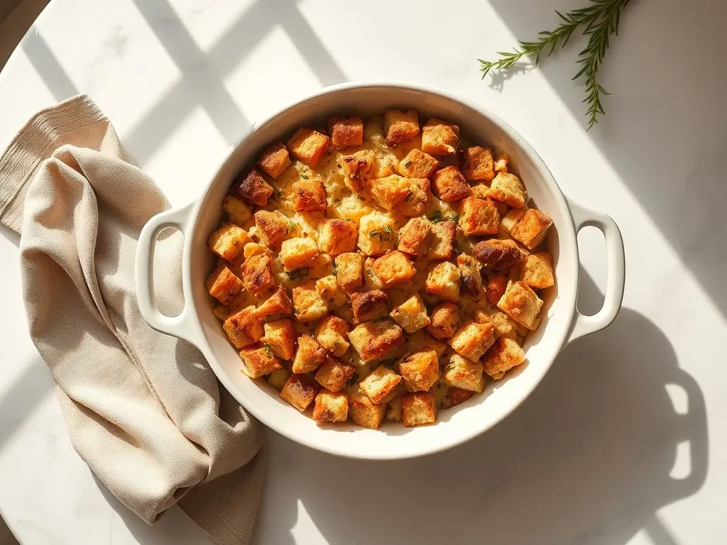 Classic Grandmas Thanksgiving Stuffing in a baking dish