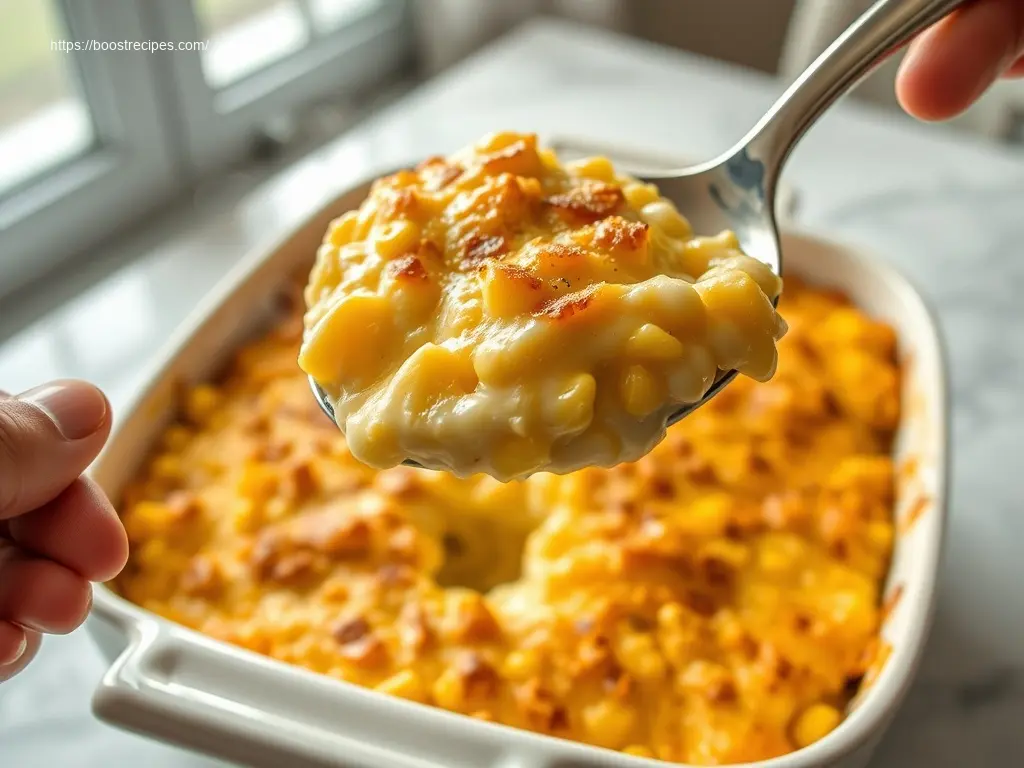 Southern Creamed Corn Casserole flatlay on marble table