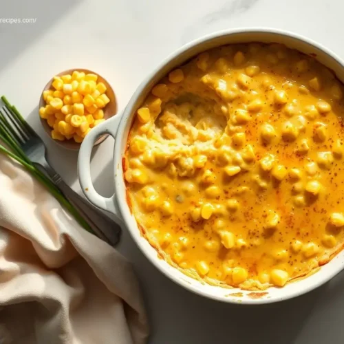 Southern Creamed Corn Casserole flatlay on marble table
