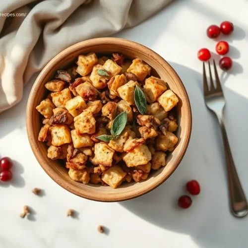 Easy Crockpot Stuffing for Thanksgiving in a rustic bowl