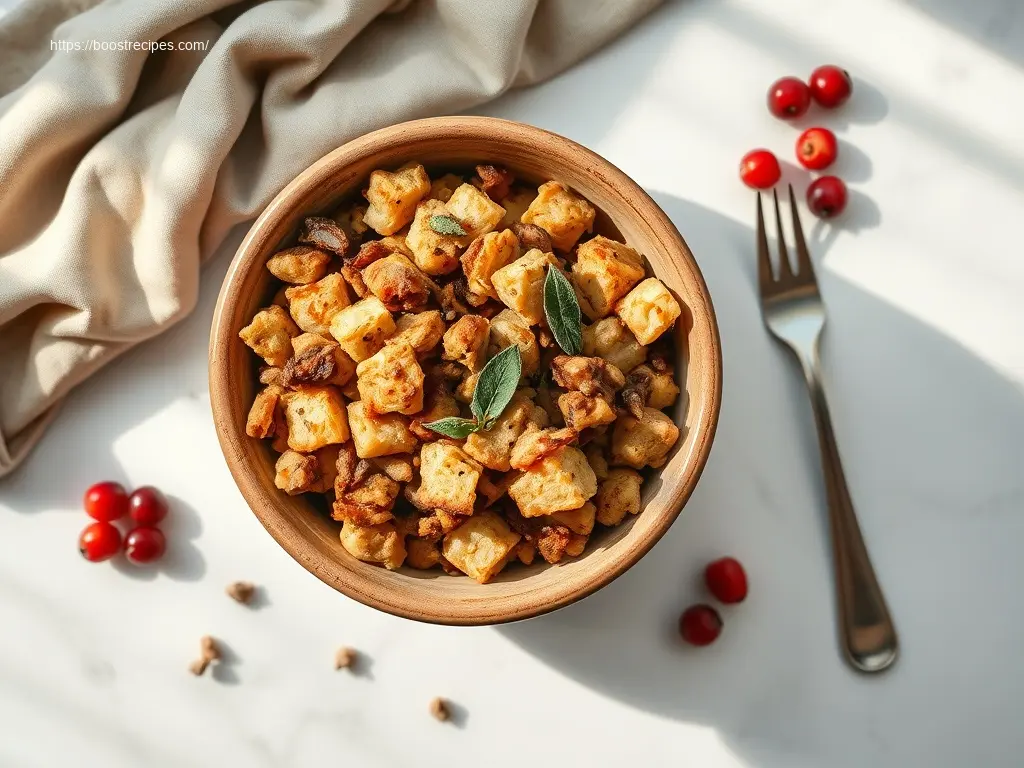 Easy Crockpot Stuffing for Thanksgiving in a rustic bowl
