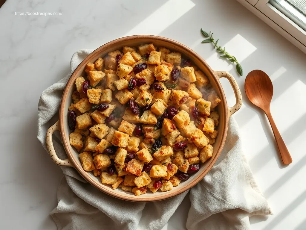Delicious Gluten-Free Thanksgiving Stuffing baked to golden perfection