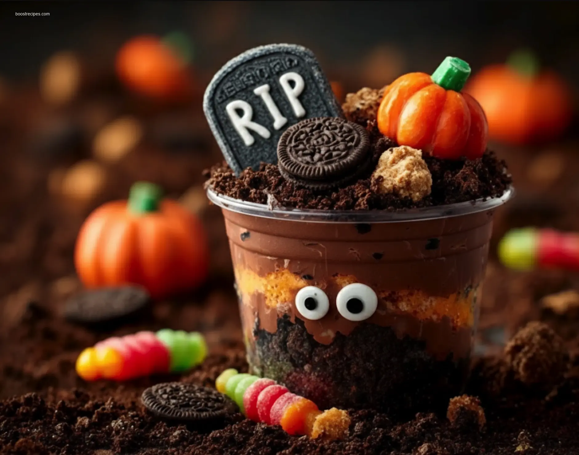 Delicious Graveyard Pudding Cookie Cups in ceramic ramekins