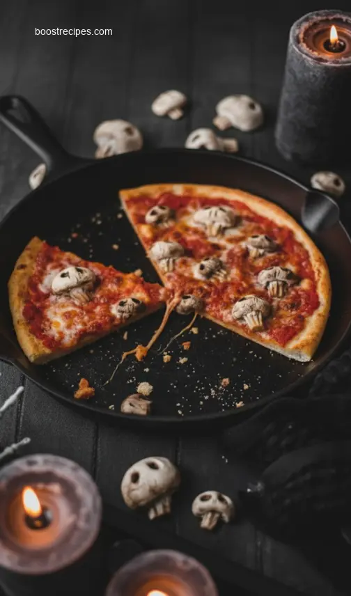 Hand lifting a slice of Halloween Ghost Pizza action shot