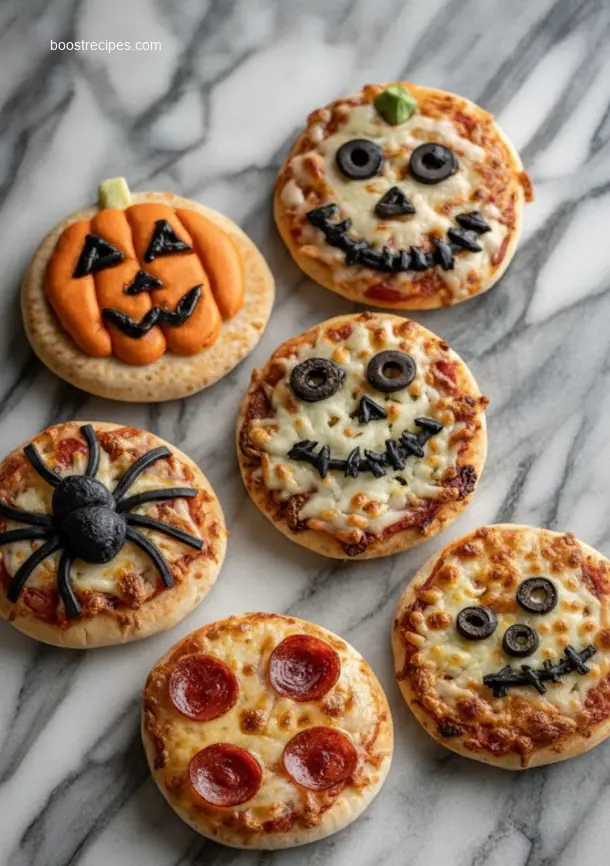 Delicious Halloween Mini Pizzas on a ceramic platter