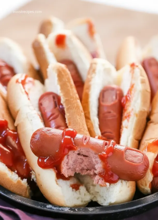 A hot dog finger for Halloween being dipped in ketchup