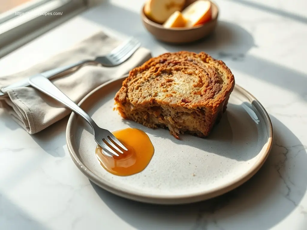 Maple Cinnamon Apple Bread sliced on a ceramic plate with rosemary