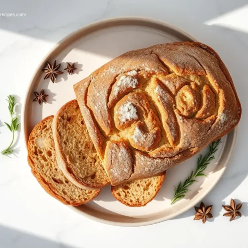 Maple Cinnamon Apple Bread sliced on a ceramic plate with rosemary