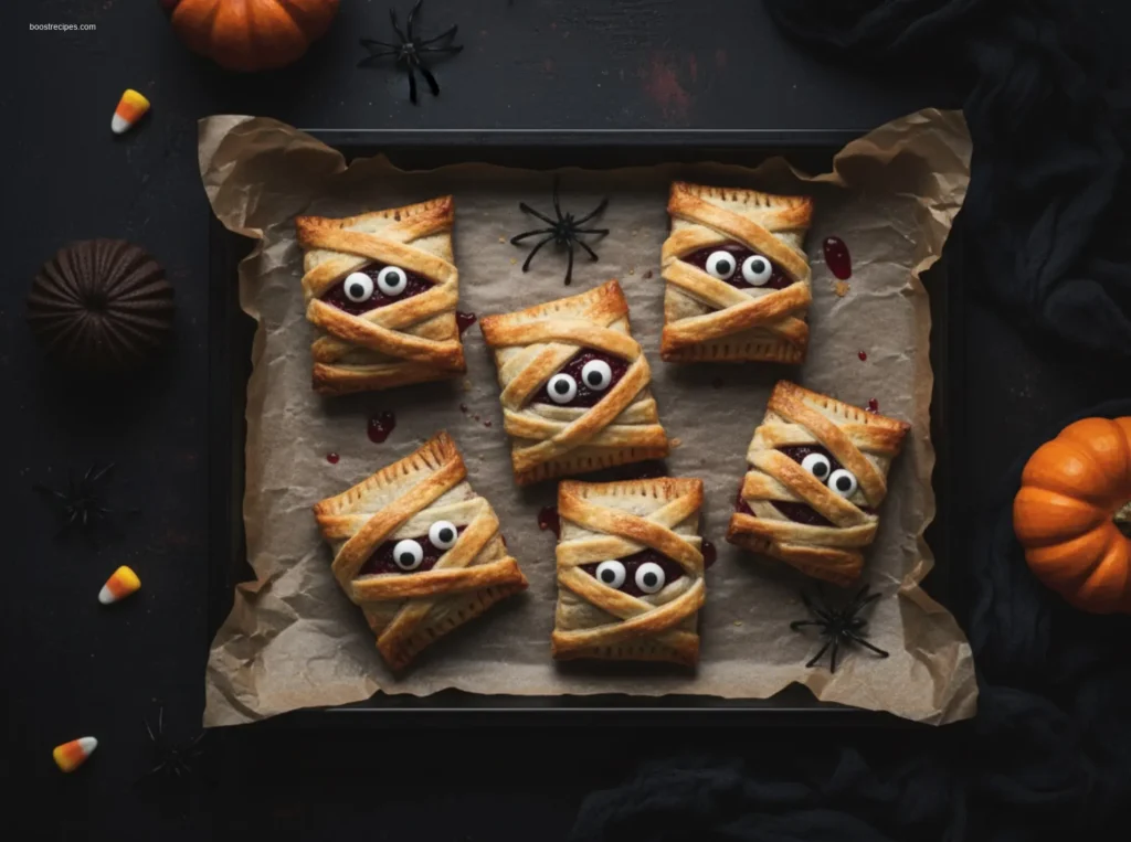 Delicious Mummy Cherry Pies on a white marble table