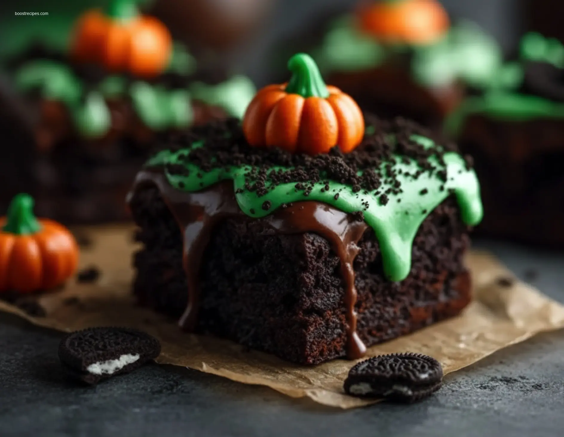 Delicious pumpkin patch brownies on a white marble table