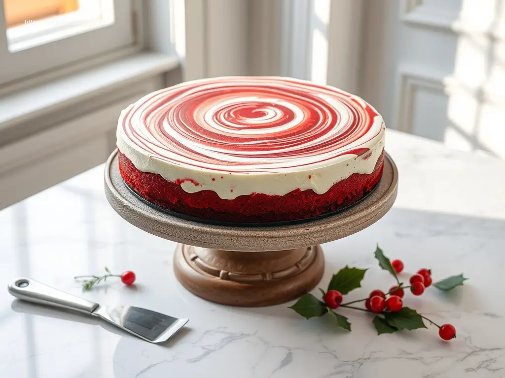 Red Velvet Swirl Holiday Cheesecake slice on marble