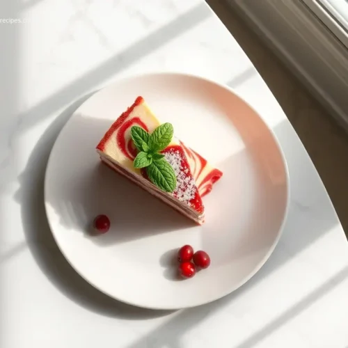 Red Velvet Swirl Holiday Cheesecake slice on marble