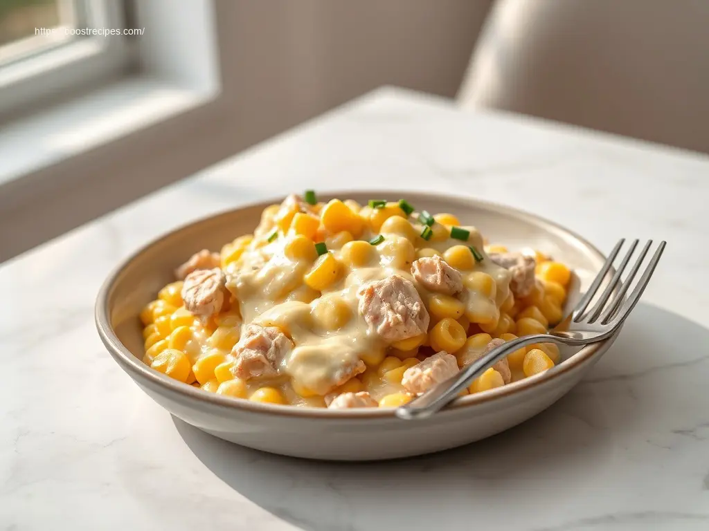 Delicious Skillet Creamed Corn with Turkey served on a white marble table