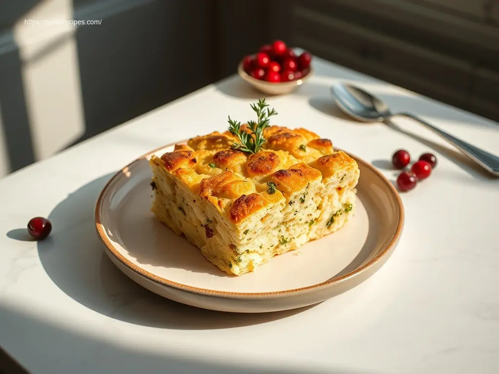 Delicious Sour Dough Stuffing with Fresh Herbs in a rustic dish