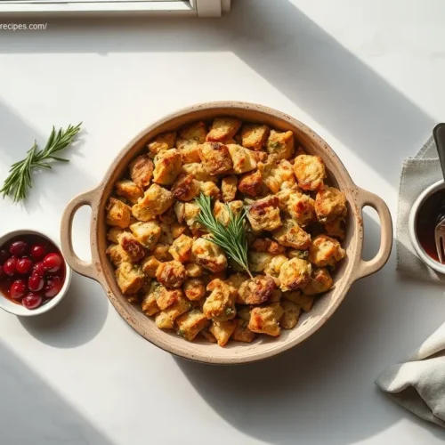 Delicious Sour Dough Stuffing with Fresh Herbs in a rustic dish