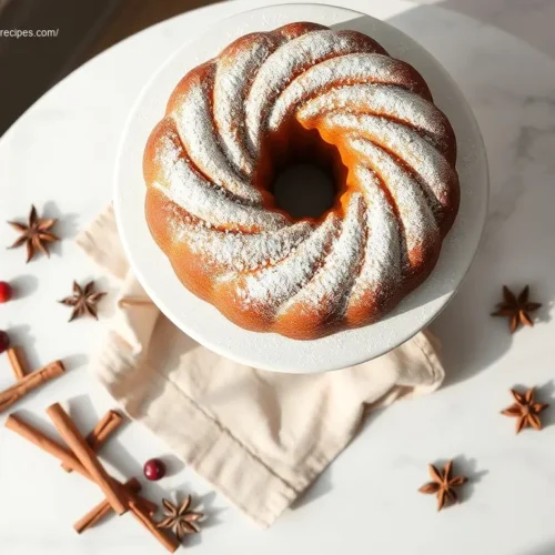 Delicious spiced apple bundt cake on a white marble table
