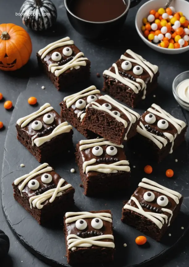 Close-up of a Spooky Mummy Brownie slice being served