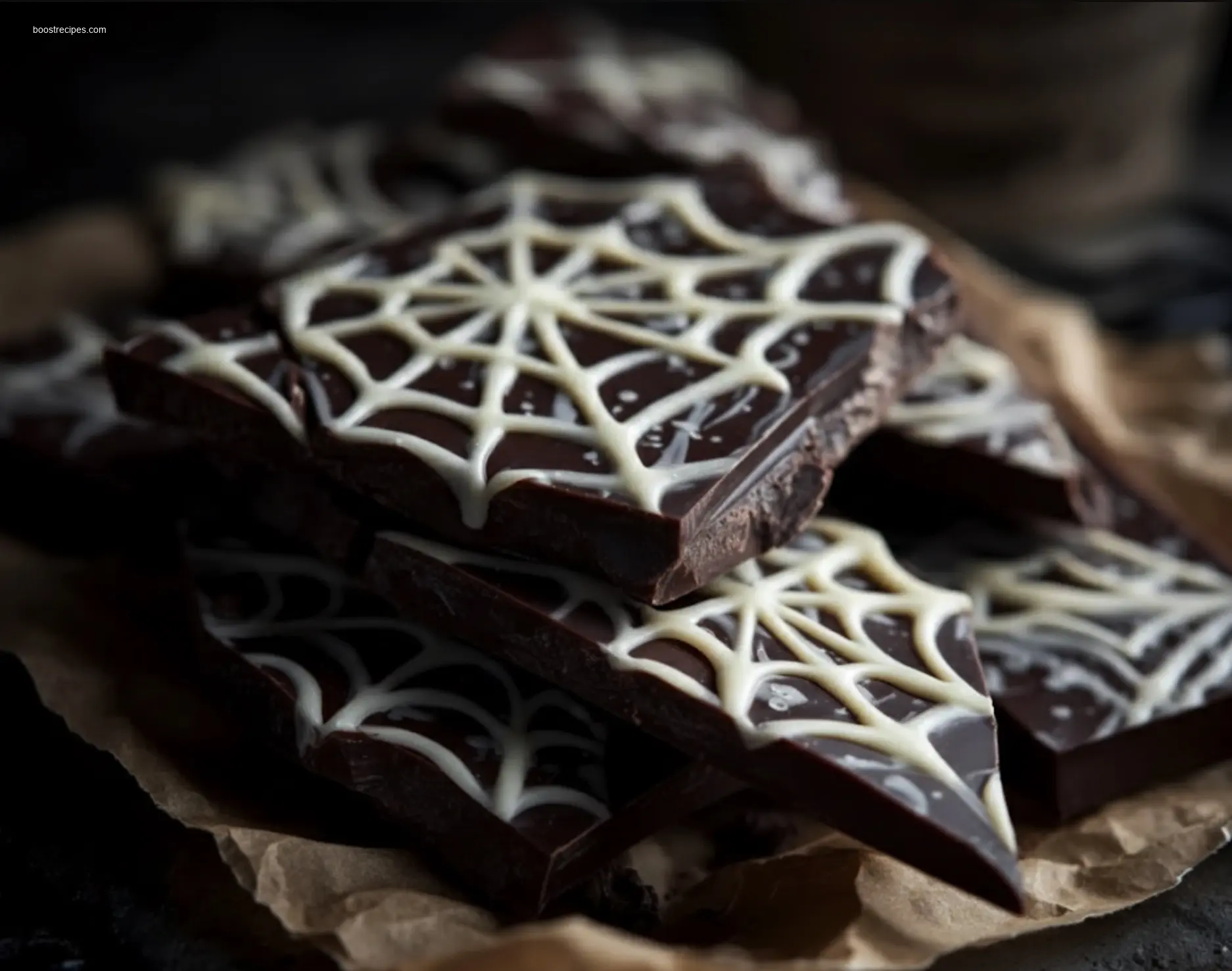 Delicious webbed chocolate bark with intricate patterns