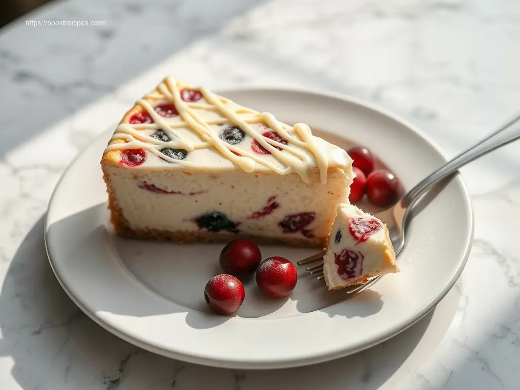 Delicious White Chocolate Cranberry Cheesecake ready to be served