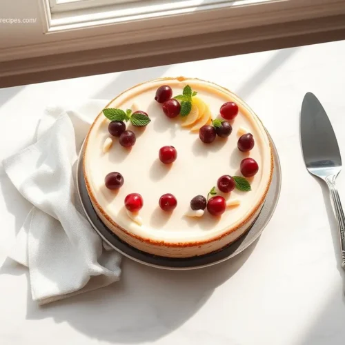 Delicious White Chocolate Cranberry Cheesecake ready to be served