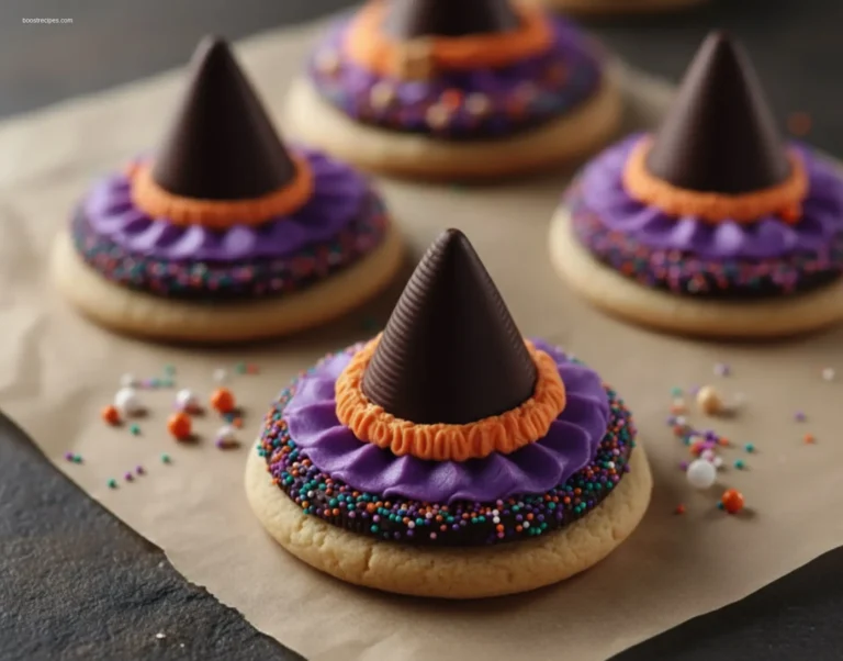Hand picking up a delicious Witch Hat Cookie with purple frosting