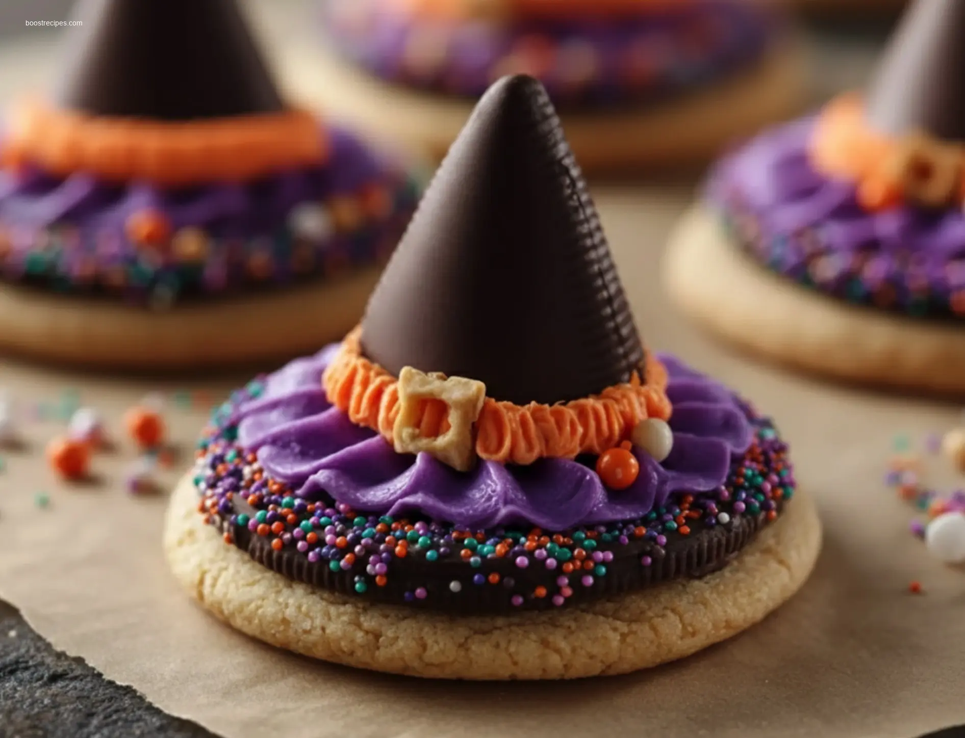 Delicious Witch Hat Cookies arranged artfully on a white marble table