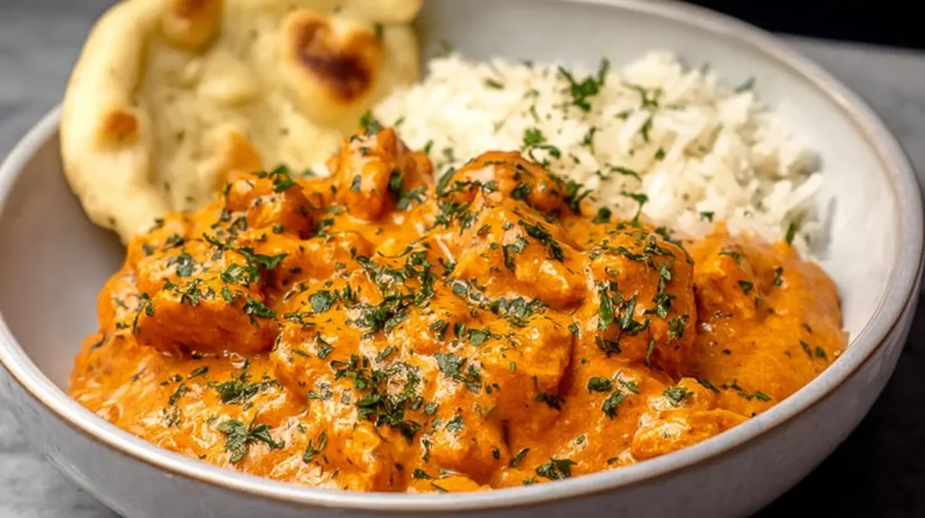 Authentic Indian butter chicken served with rice and naan bread