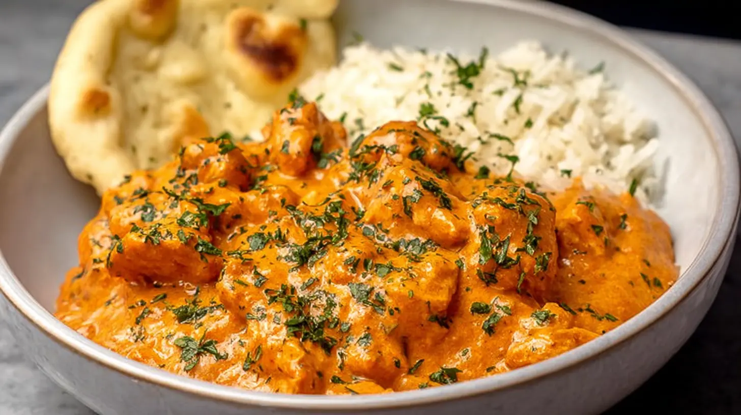 Authentic Indian butter chicken served with rice and naan bread