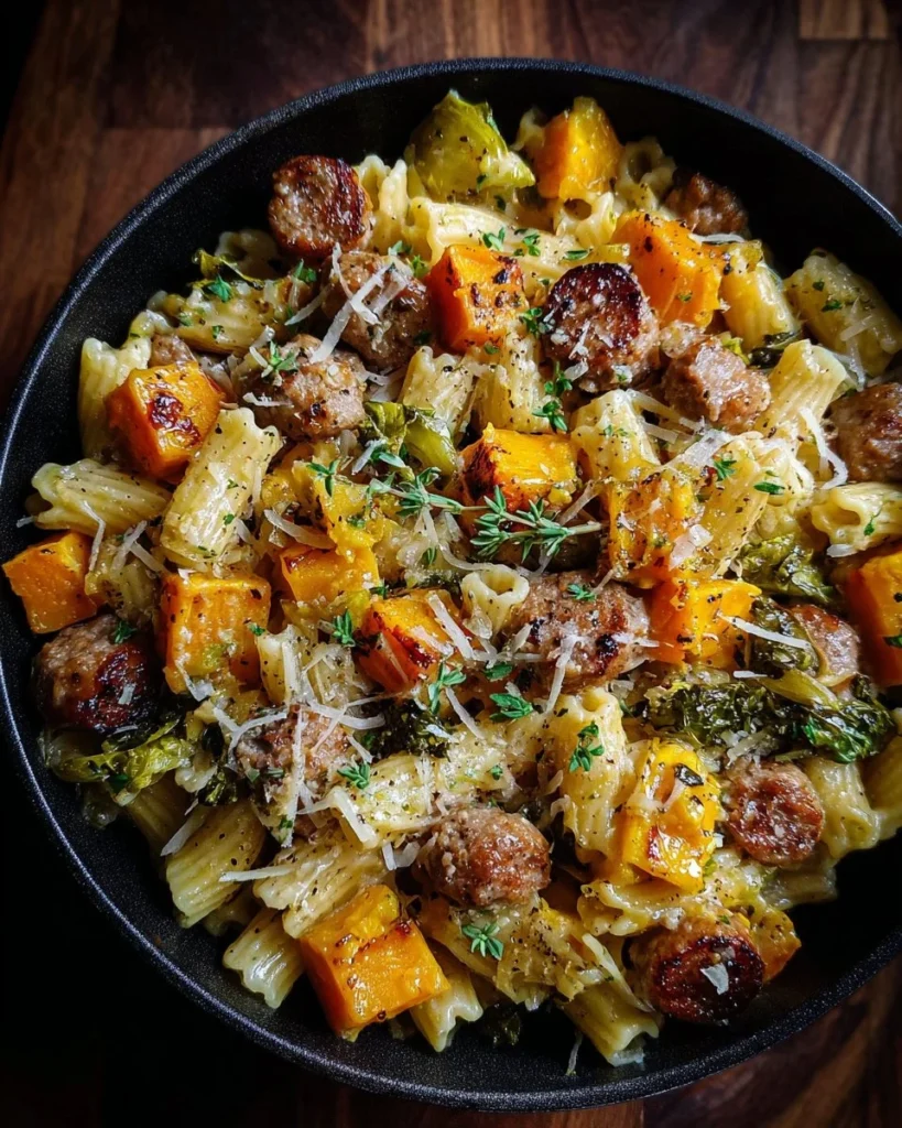 Delicious autumn sausage pasta squash dish with fall ingredients