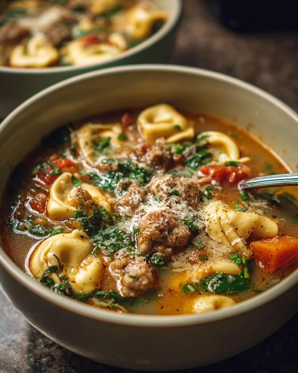 Bowl of Autumn Tortellini Soup with Sausage, garnished with herbs.