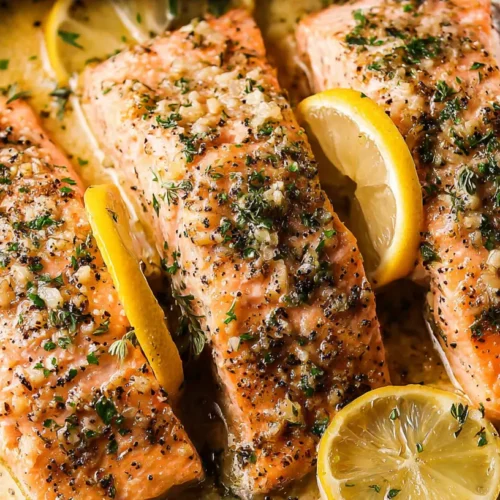 A serving of baked lemon garlic butter salmon on a plate.