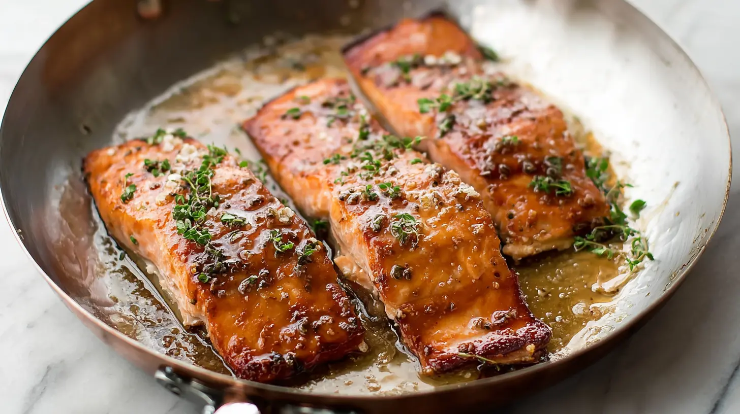 Close-up of maple dijon glazed baked salmon, ready to serve