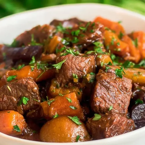 A rich Beef Bourguignon cooked in a slow cooker, served in a rustic bowl.