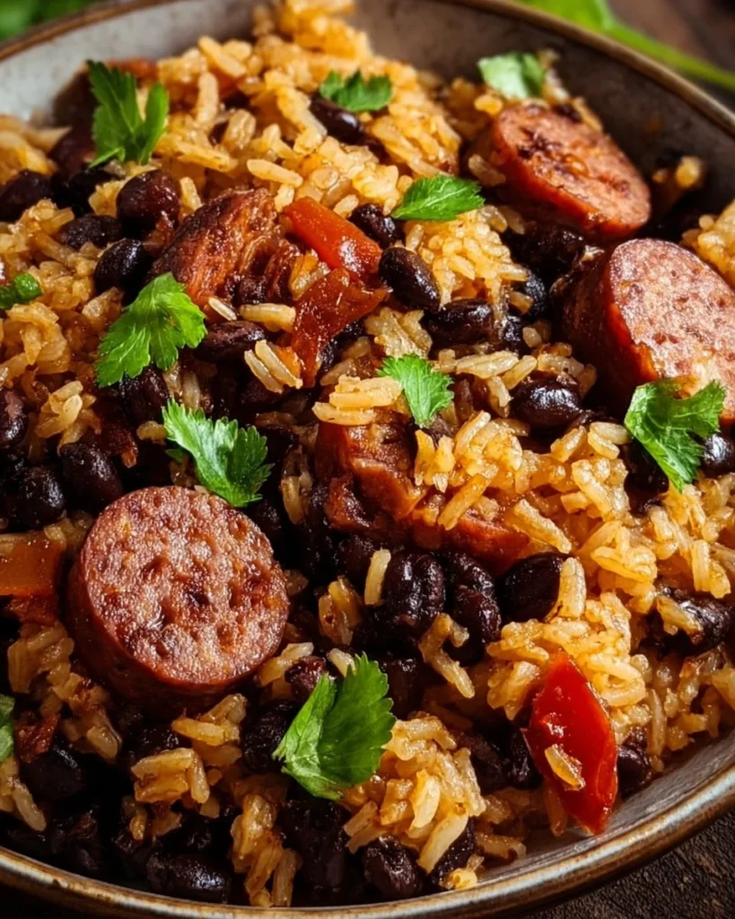 Delicious black beans and rice served with sausage in a colorful dish.