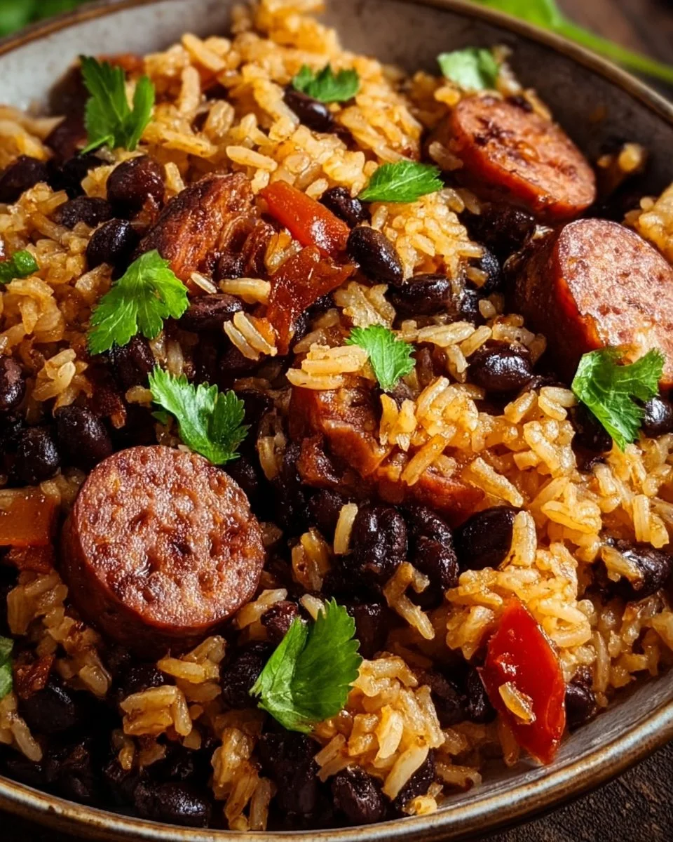 Delicious black beans and rice served with sausage in a colorful dish.