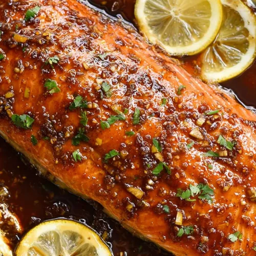 A perfectly cooked brown sugar and soy sauce salmon fillet with a sticky glaze.