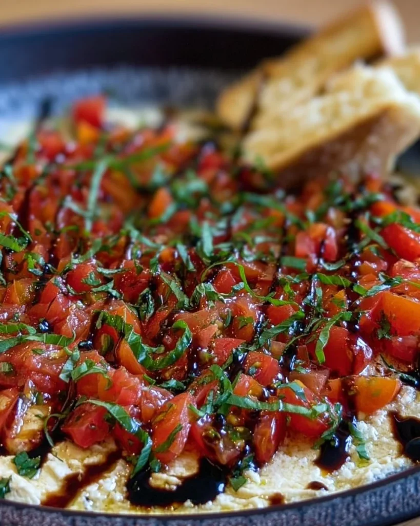 Delicious bruschetta dip served with toasted bread slices